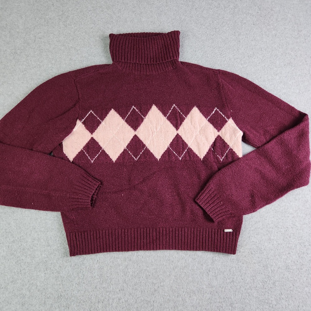 Hollister Sweater Womens Medium Burgundy Argyle Turtleneck Knit Preppy Cozy 1105
